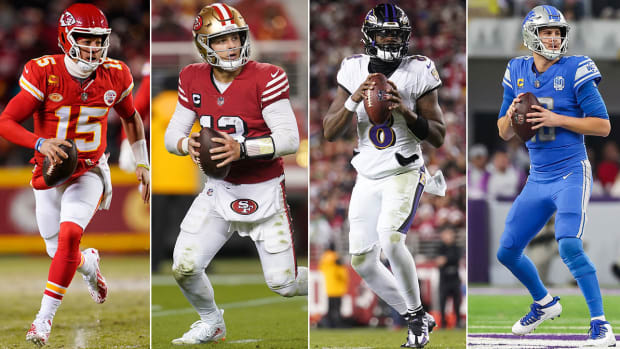 Separate photos of Patrick Mahomes, Brock Purdy, Lamar Jackson and Jared Goff holding the ball.